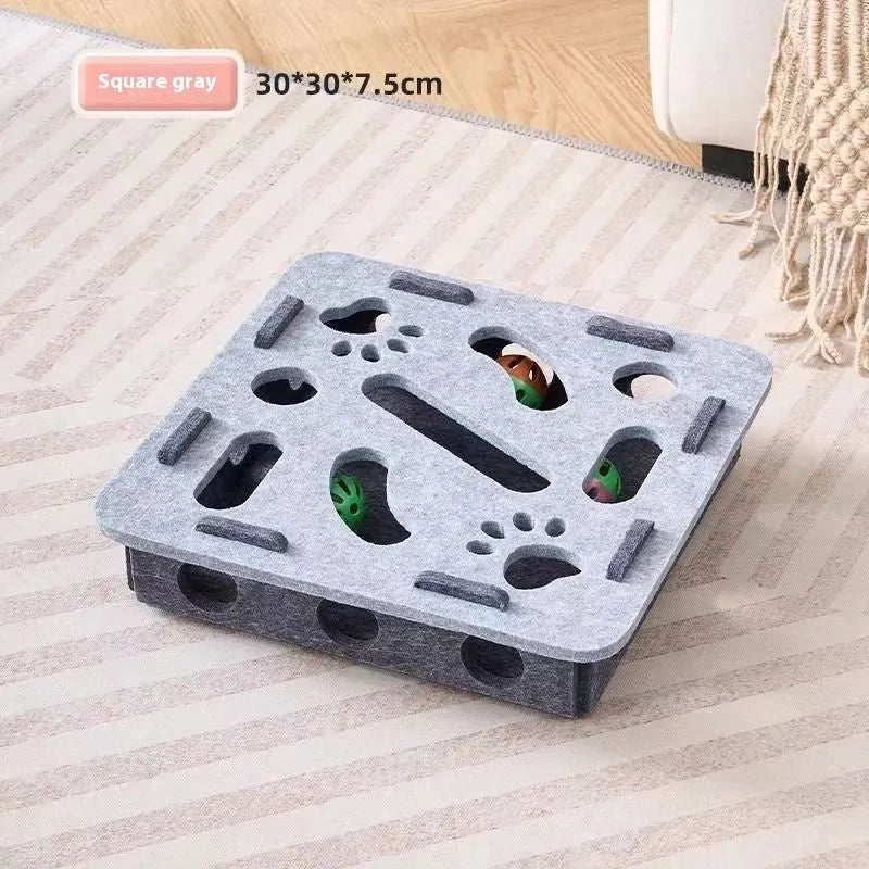 Rectangular felt cat scratch box with artifact holes measuring 30cm in neutral colours