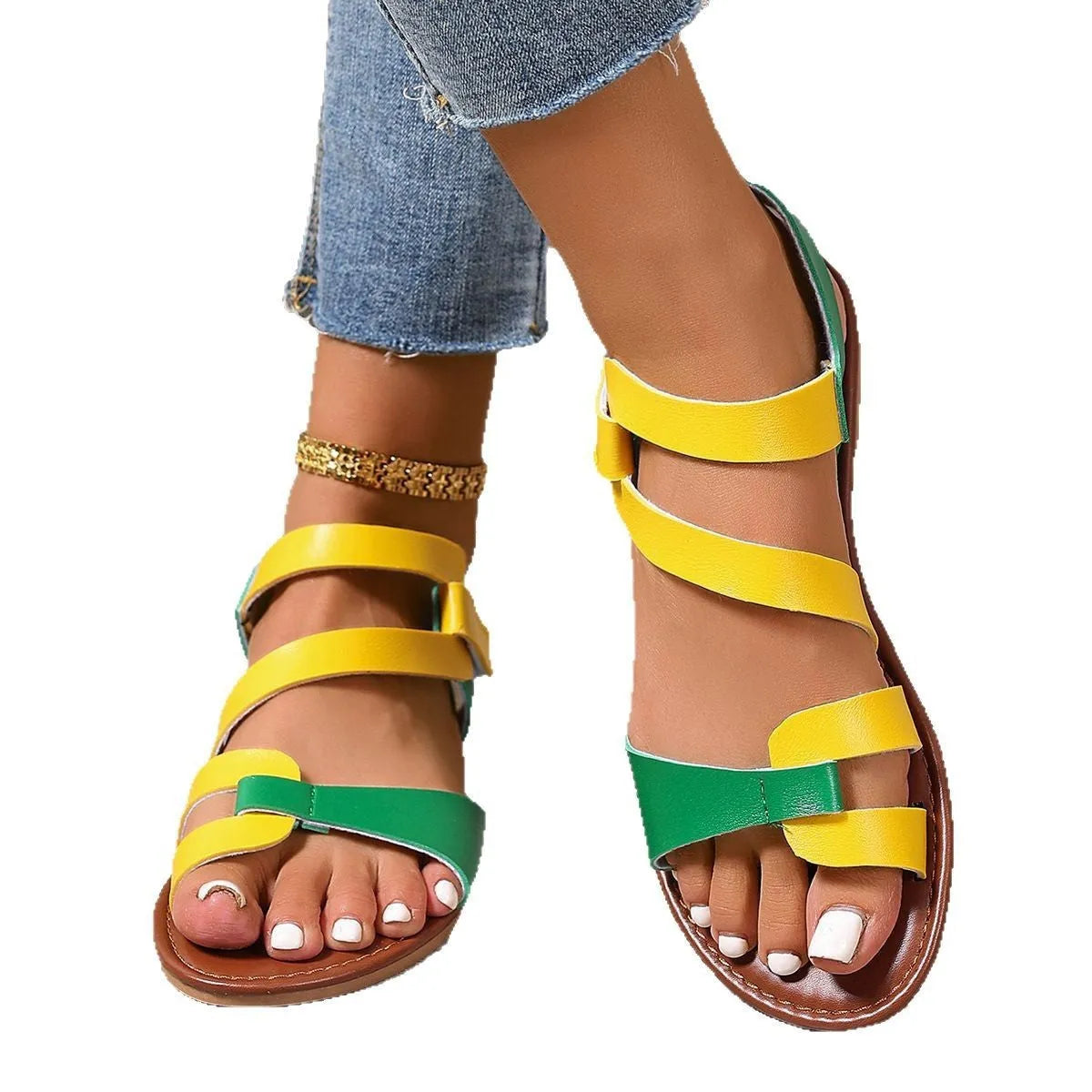 Women's flat sandals with Velcro strap, round toe, and rubber sole shown in black colour.