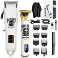 Rechargeable hair clipper with stainless steel blades and 4 guard attachments on plastic body