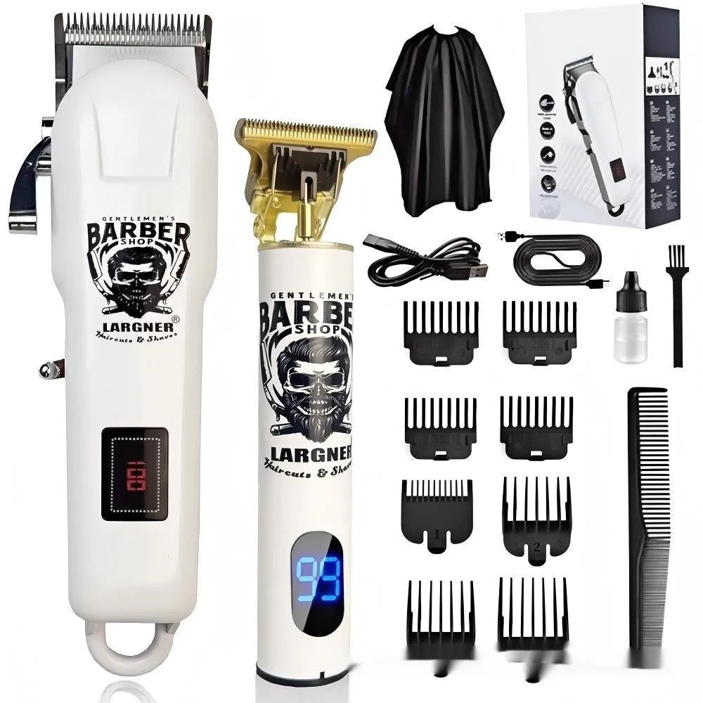 Rechargeable hair clipper with stainless steel blades and 4 guard attachments on plastic body