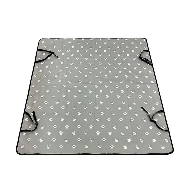 Grey cloth car pet mat with dog bone print protecting a car rear seat