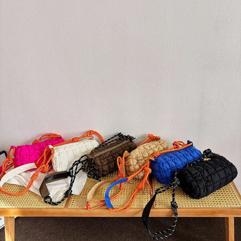Women's lightweight nylon messenger bag in pillow shape with rhombus pattern and shoulder strap