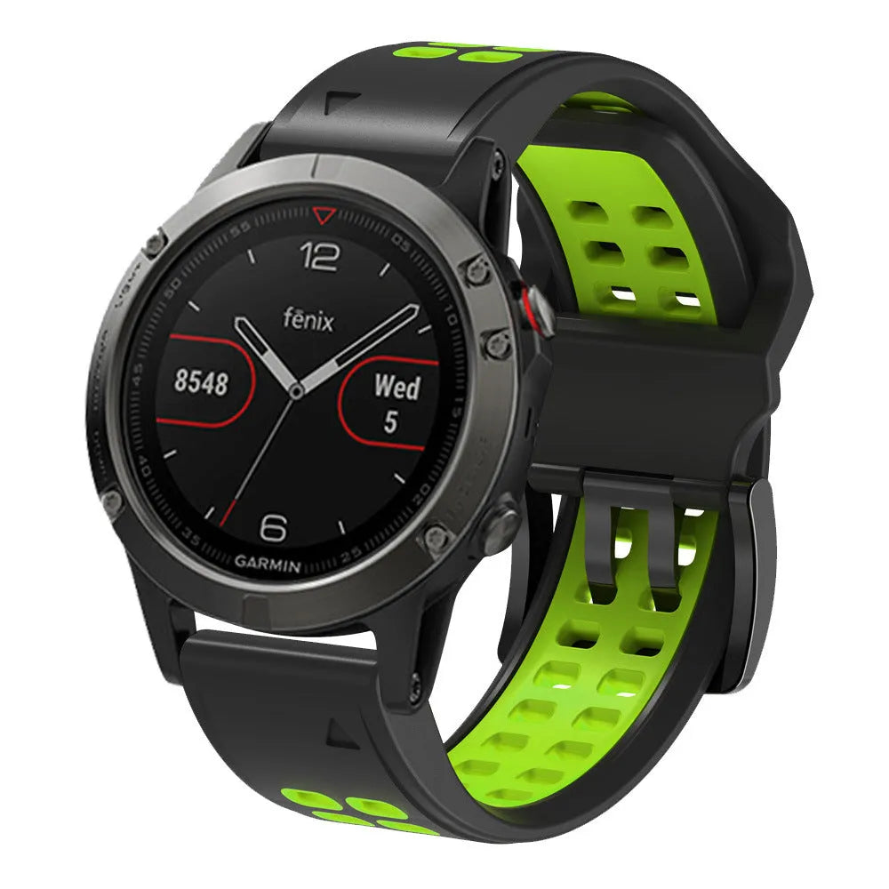 Quick release double-row hole silicone watch strap in black and orange colour on a sports watch.