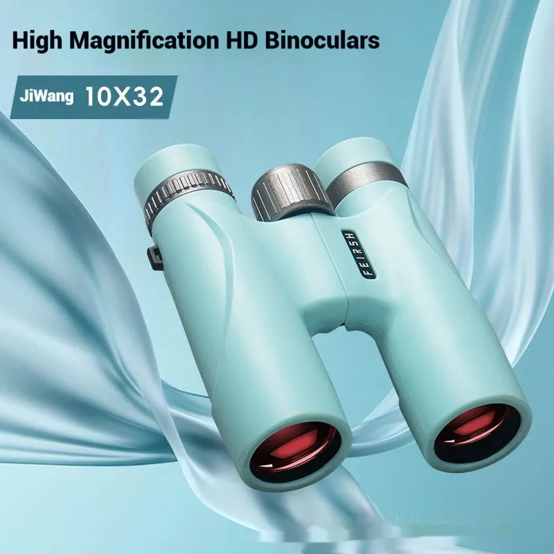Blue and grey 10x32 compact binoculars showing 32mm objective lenses and plastic body.