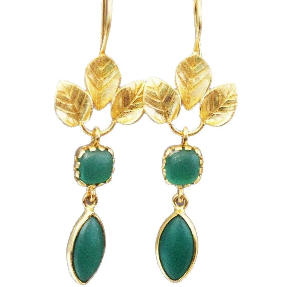 A pair of gold-colour drop earrings with French leaves, a tassel, and a zircon detail in a water droplet shape.
