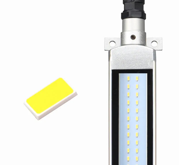 Long 1.2m aluminium LED explosion proof light with tempered glass for mounting on a CNC lathe.