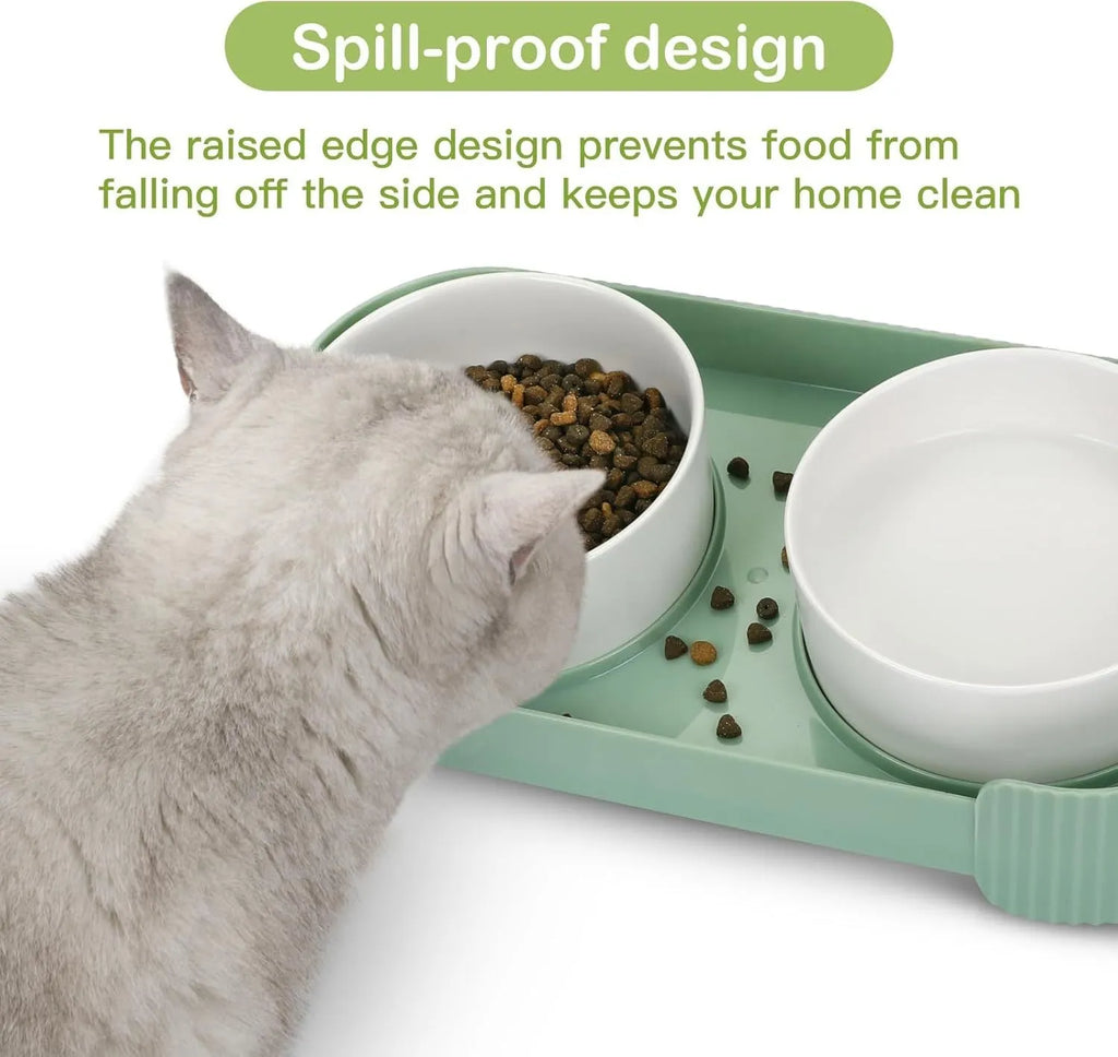 Green ceramic elevated cat bowl set with 15-degree tilt and non-slip base