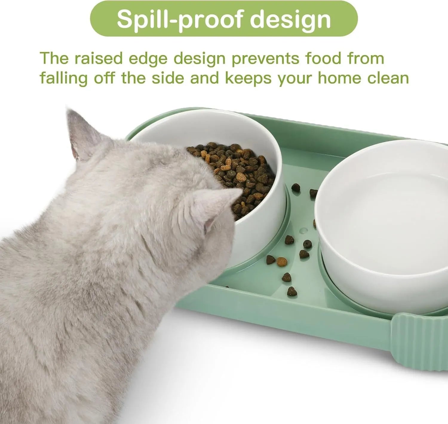 Green ceramic elevated cat bowl set with 15-degree tilt and non-slip base