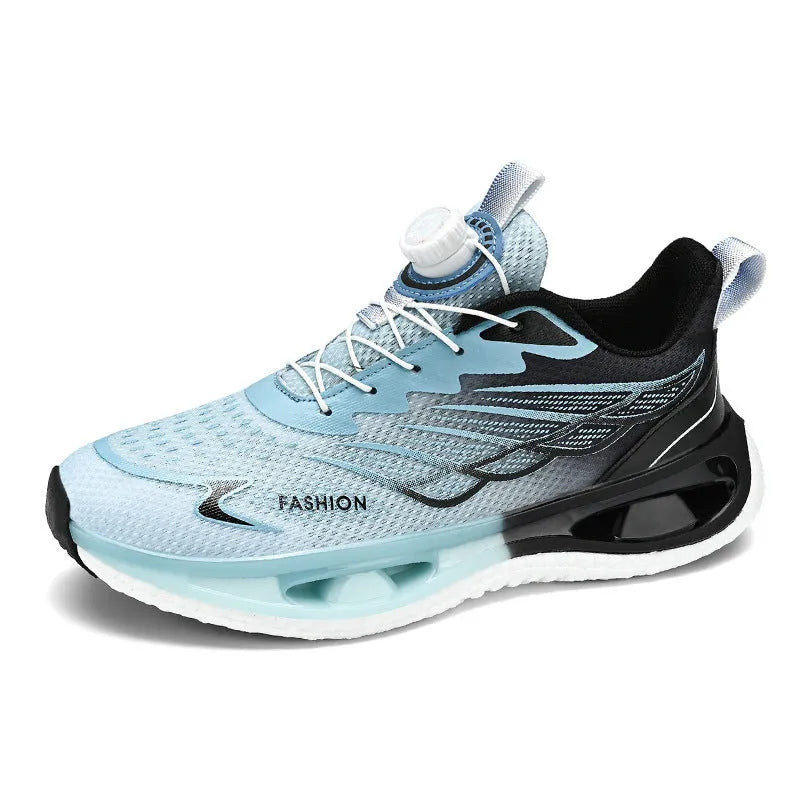 Men's low-top sneaker with a rotating button closure on the side, shown in light blue mesh.
