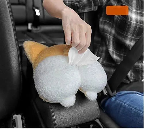 Yellow soft plush Corgi butt shaped tissue box cover with elastic strap for car visor.