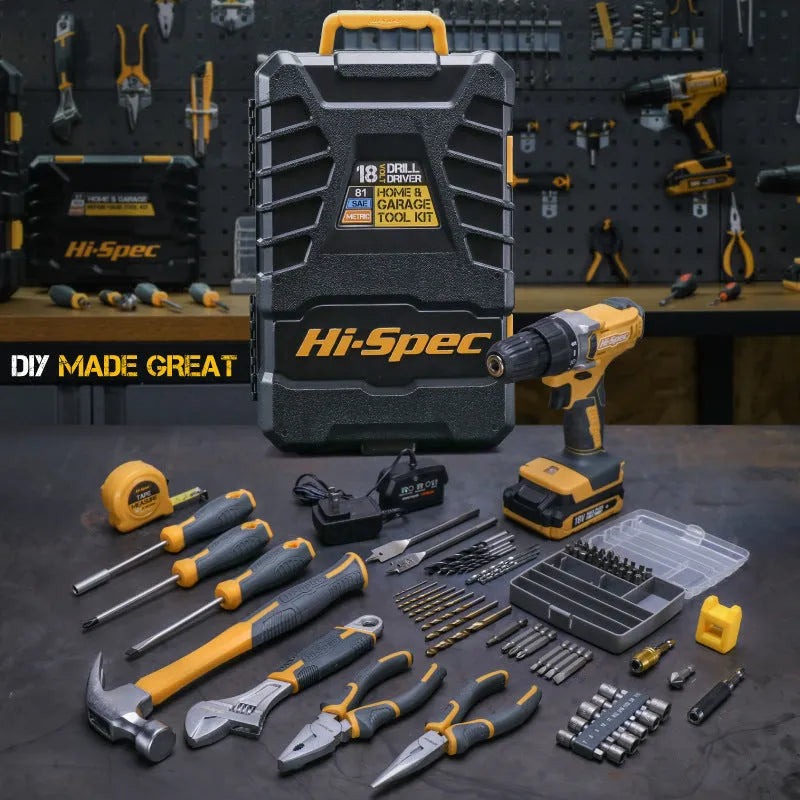 Grey yellow storage case containing an 82-piece chrome-vanadium steel tool set for furniture installation