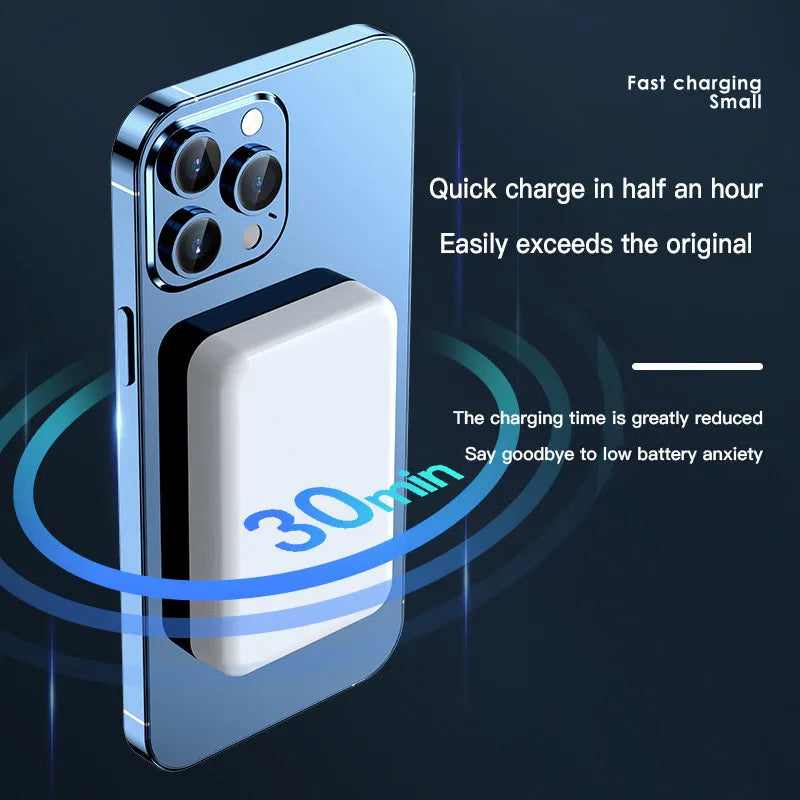 20000mAh mobile wireless magnetic power bank in pink, purple, or white with compact 100x64x18mm dimensions