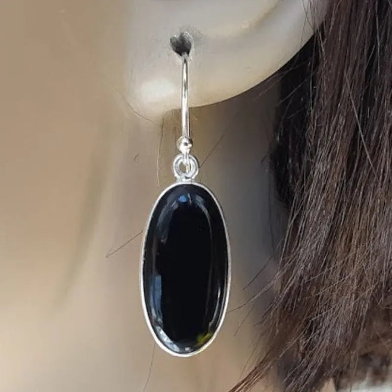 Women's oval black agate pendant earrings with electroplated 925 silver finish in geometric Chinese style