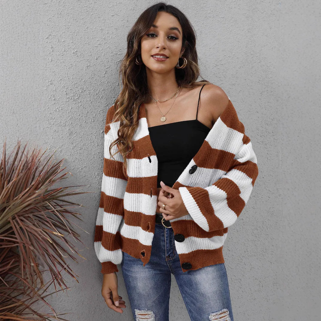 Women's striped cardigan with button front and deer plush fabric in European-American street fashion style