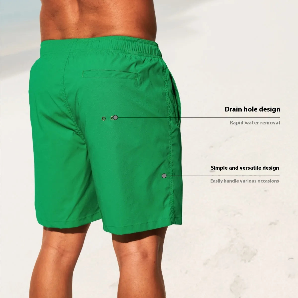 Men's solid-colour quick-drying nylon beach shorts with straight leg opening