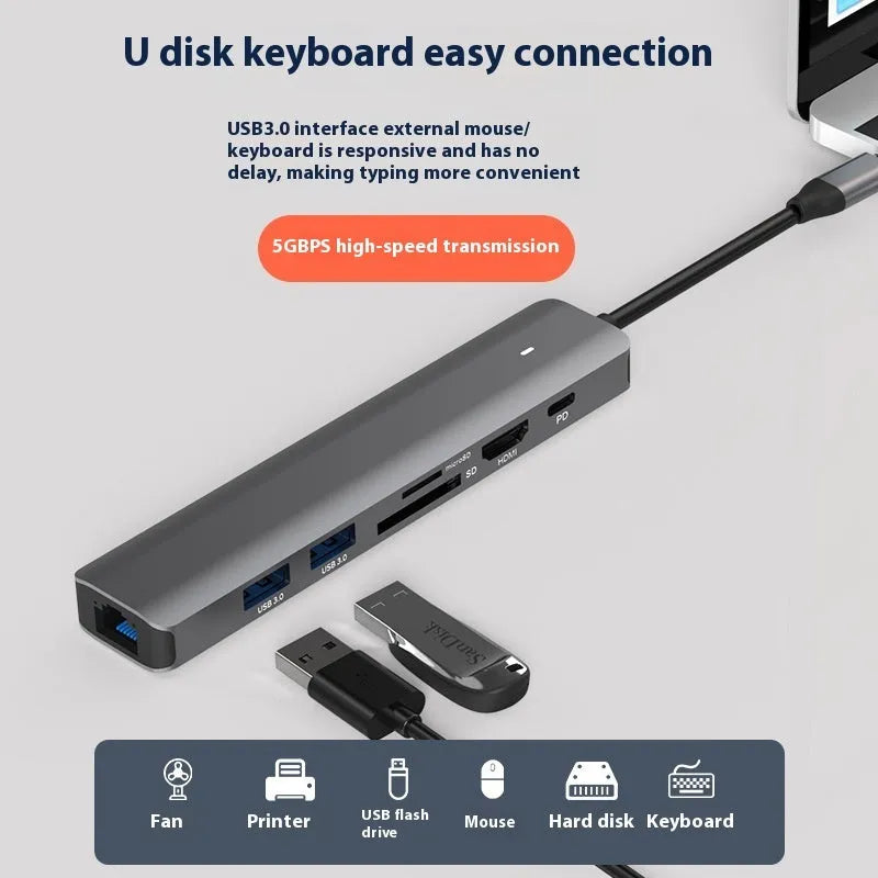 LQT-LH07 7-in-1 USB-C computer hub with card reader slots and HDMI port