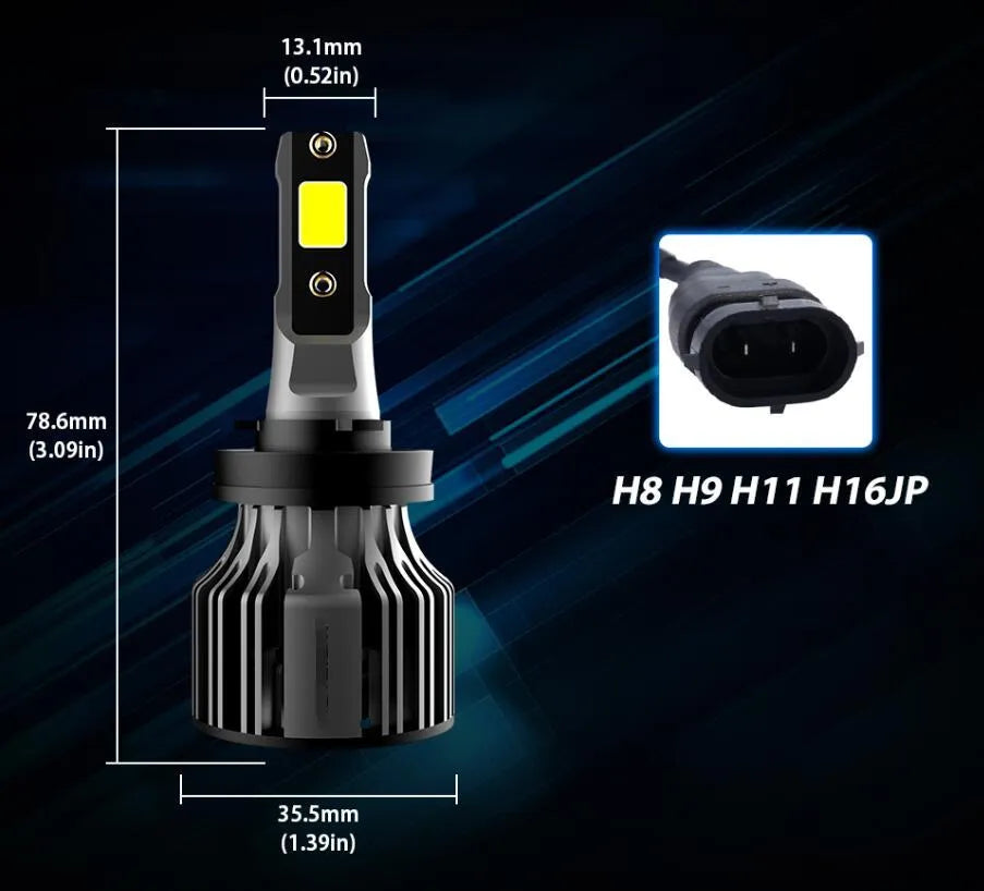 Car LED headlight bulb kit showing 6000K white light, 72W power rating, and compatible model numbers like H7 and 9005.