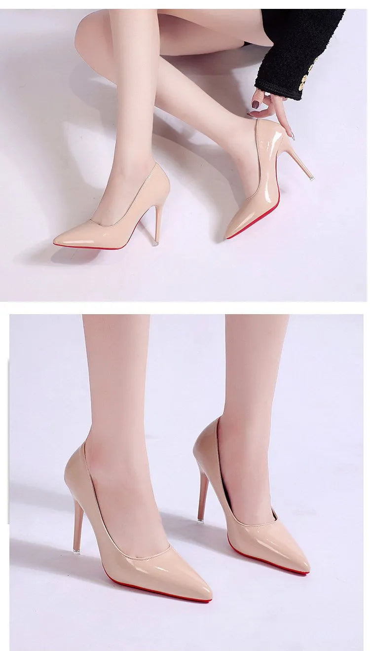 Women's black stiletto heel pump with pointed toe and shallow mouth design on a white background.