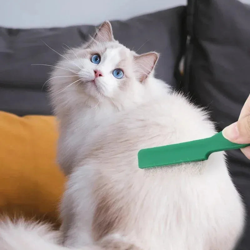 Green plastic handle stainless steel pet flea comb for dogs and cats on a plain background.
