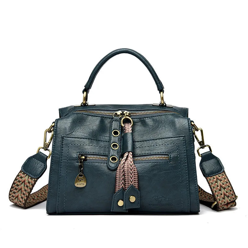 Soft PU leather women's crossbody bag in a retro horizontal square shape, shown in various colours.
