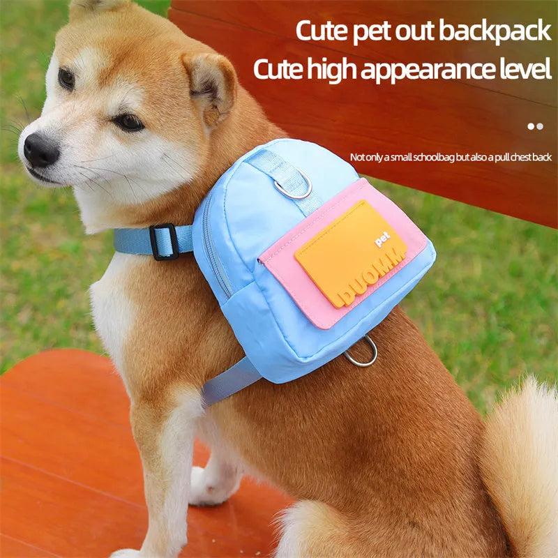 Adjustable dog backpack harness with storage pockets in blue colour featuring breathable mesh panels