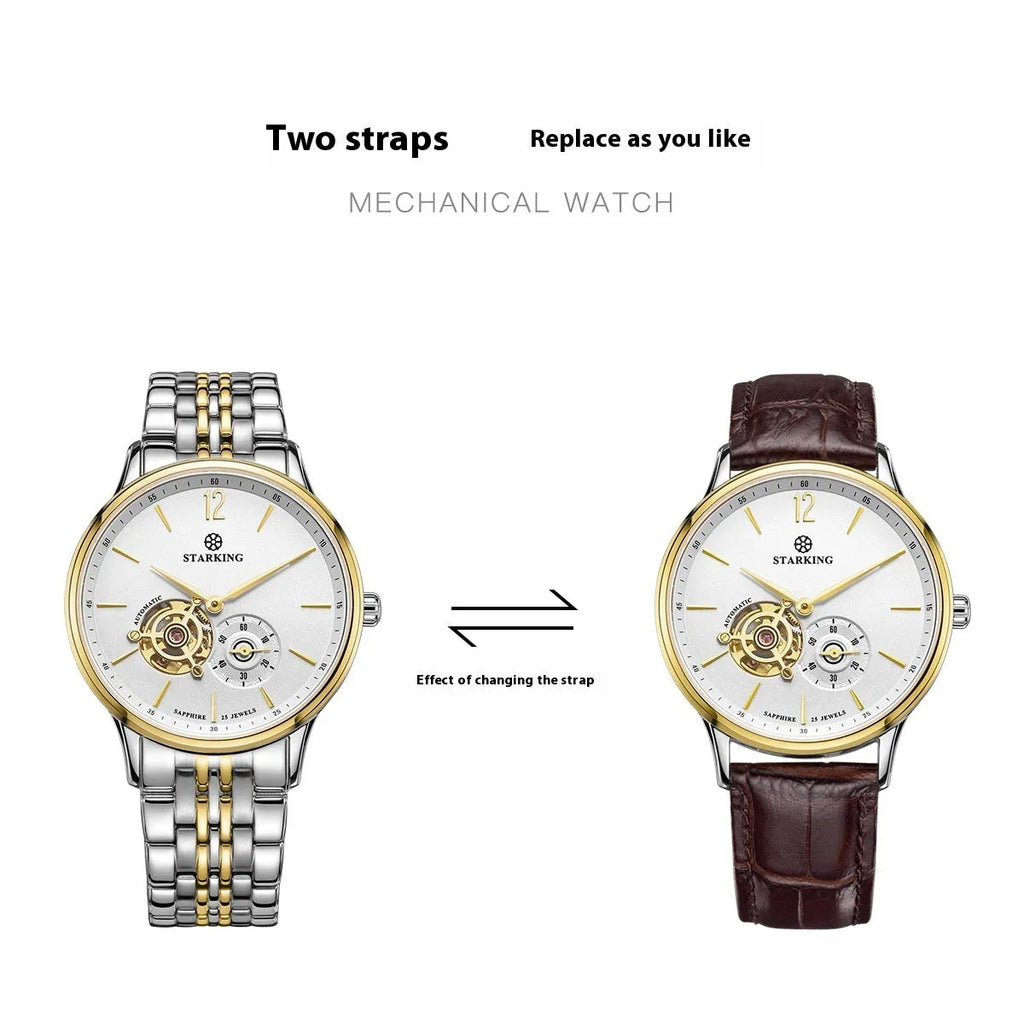 Automatic mechanical men's business watch with sapphire crystal glass and brown leather strap