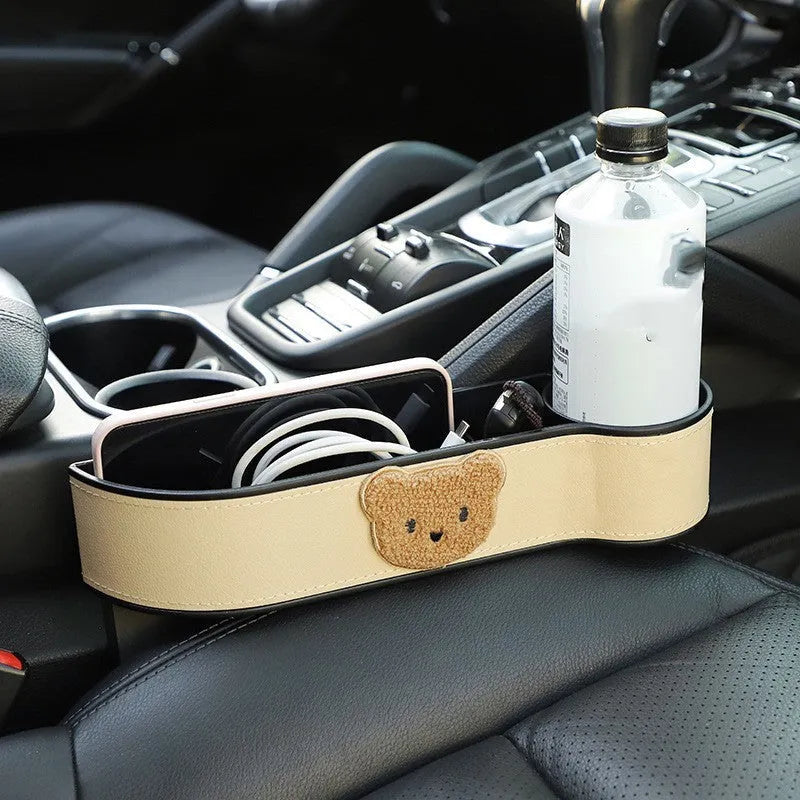 Leather car seat gap storage organiser with cartoon bear design options