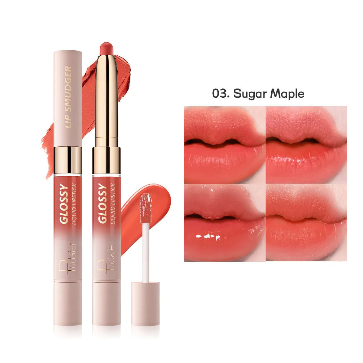 Double-headed lipstick and lip gloss in matte finish showing 10 colour options numbered 01 to 10