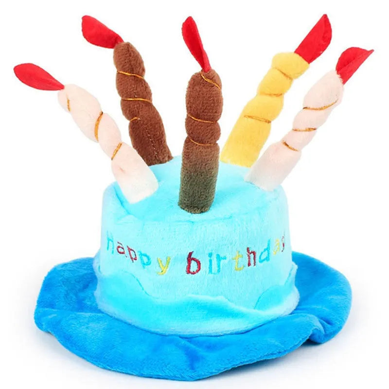 Blue and pink coloured toy birthday hat for dogs on a white background.