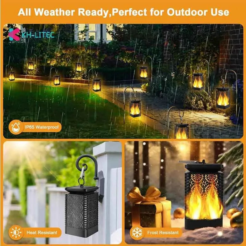 Set of four black solar-powered LED lanterns with flickering flame effect for garden paths.