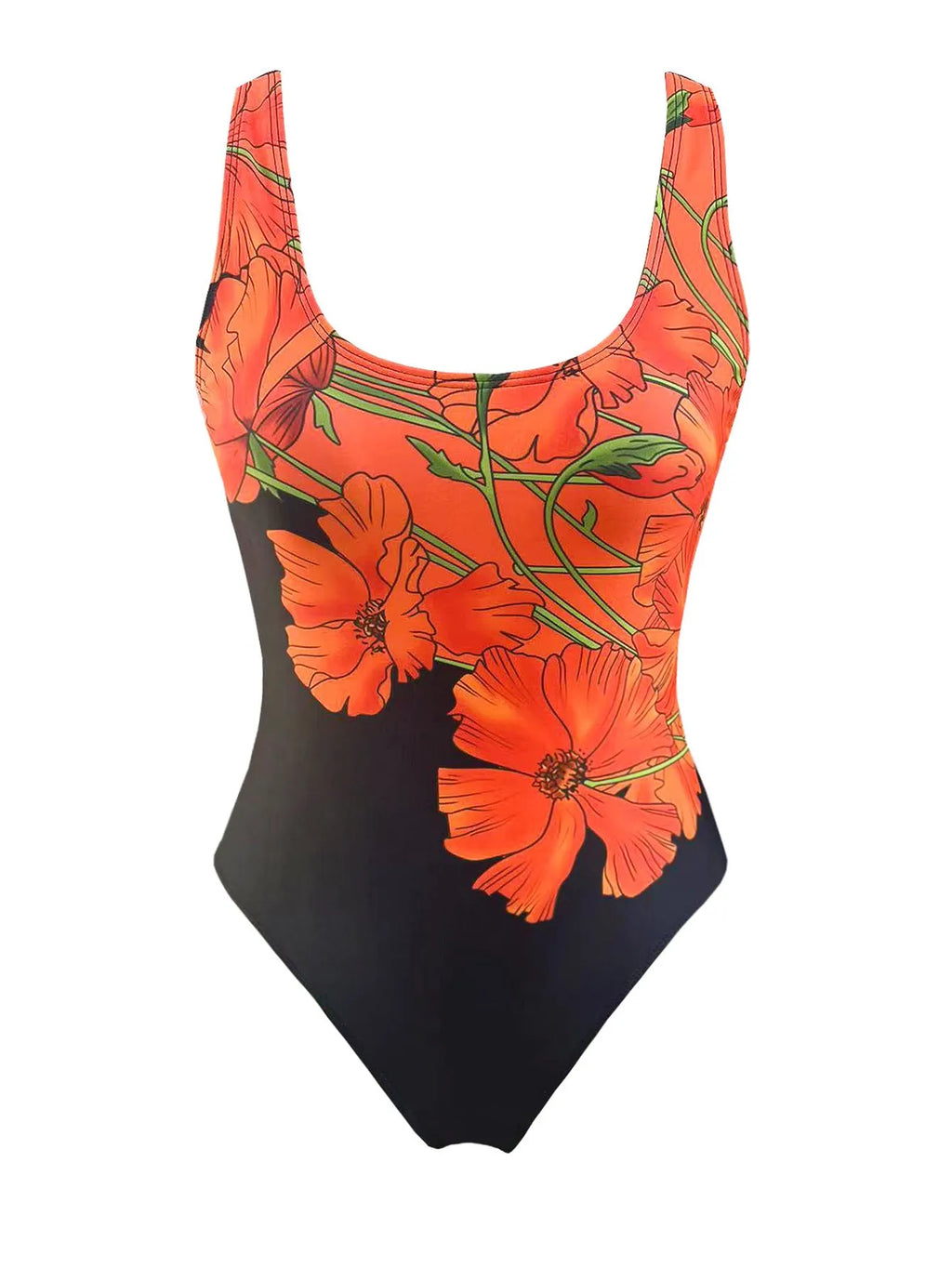 Orange floral print backless one-piece swimsuit on a hanger, slim fit design.