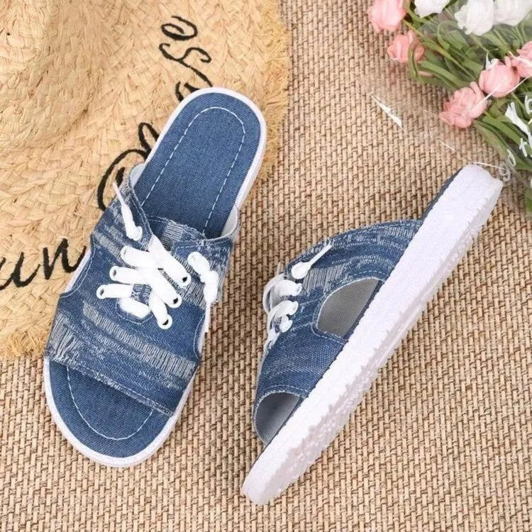 Blue Roman style women's canvas slippers with cloth upper and rubber sole