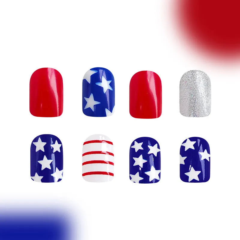 Box of red and blue glitter press-on nail tips with short square shape for Independence Day