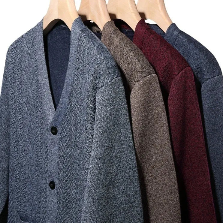 Men's striped cardigan sweater with wool lining in brown colour showing button-front design