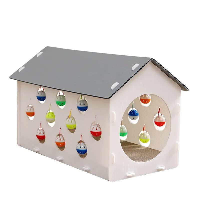 Plastic house cat scratch board with integrated tunnel containing a bell ball toy