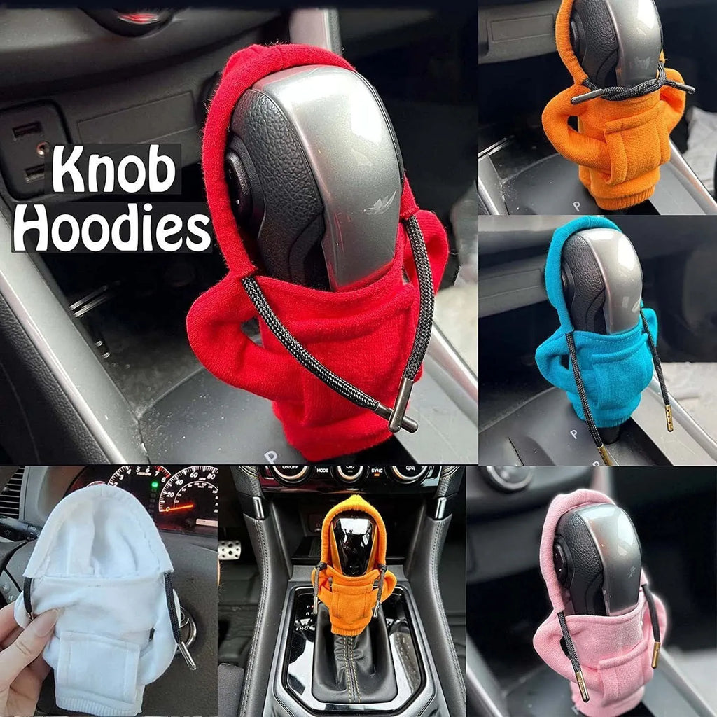 Blue cloth gear shift knob cover shown next to a car's manual gearstick.