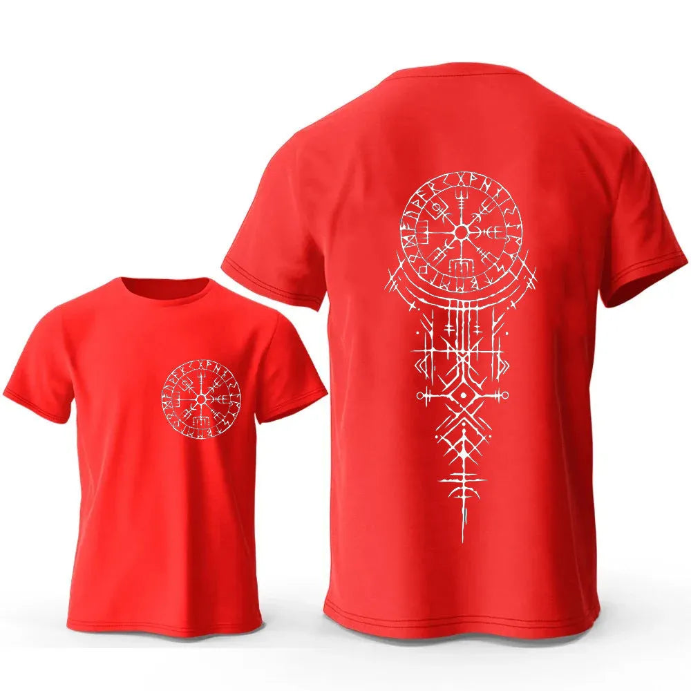 Men's grey Viking rune compass graphic printed on the front of a pure cotton T-shirt.