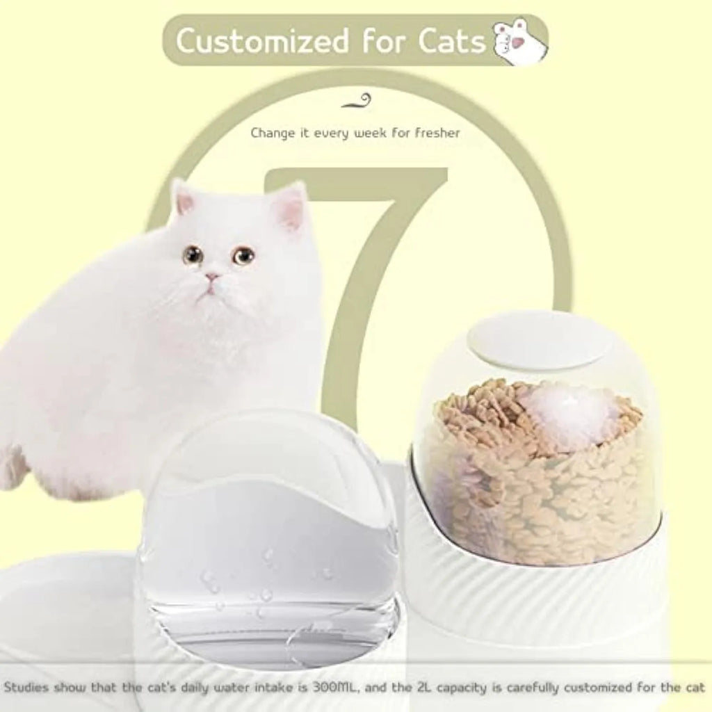 White automatic cat feeder and water dispenser set, each with 2L capacity and wave-shaped design.