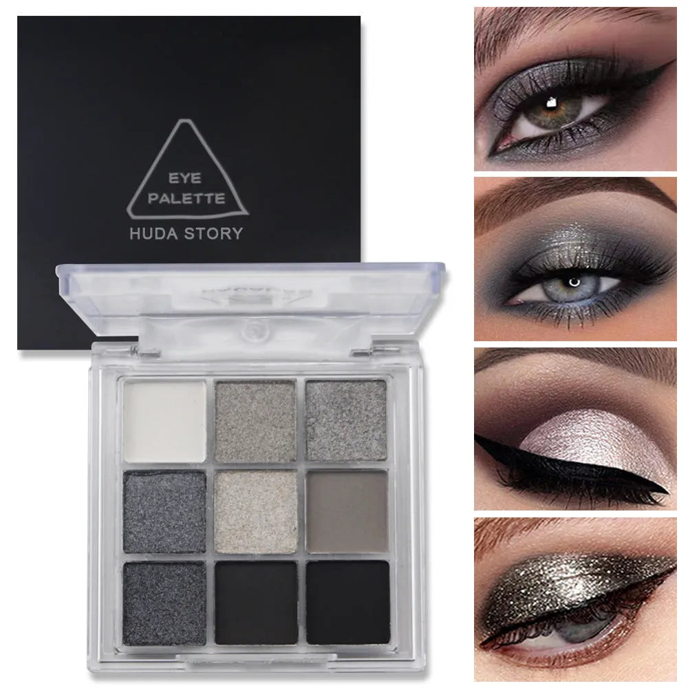 Smoked design nine-colour eyeshadow palette showing white, silver, black, and iron grey shades