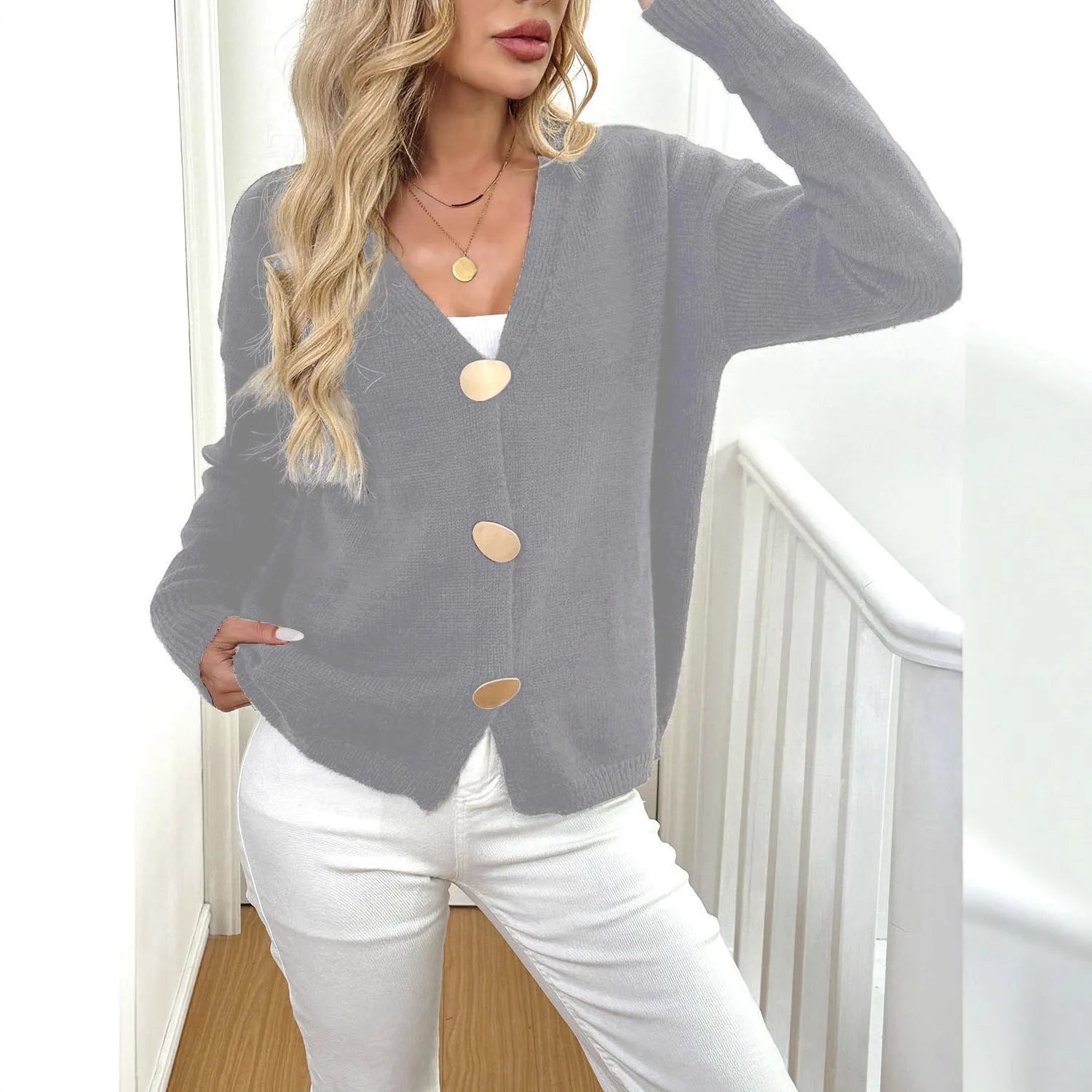Grey deer plush women's sweater coat with princess sleeves and street hipster styling