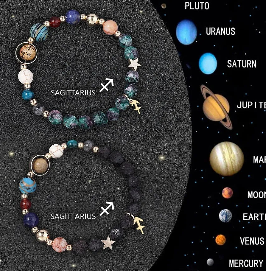 Two natural stone beaded bracelets showing zodiac designs with adjustable fastenings