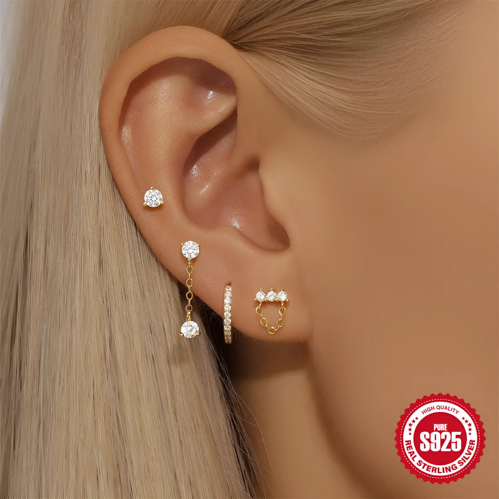 S925 sterling silver clover petal earrings with geometric design and gold tone electroplated finish
