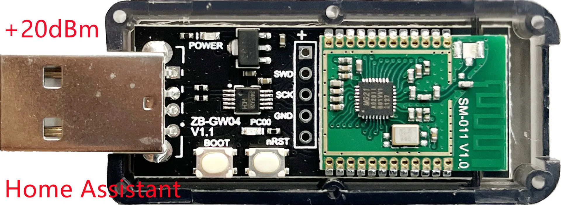 Silicon Labs EFR32MG21 Zigbee USB dongle in a plastic shell for Home Assistant integration.