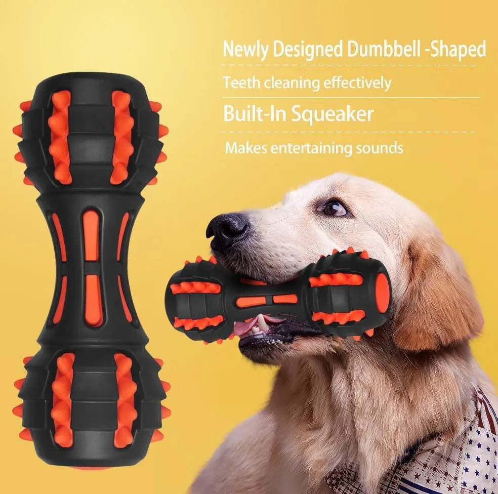 Red rubber dumbbell-shaped dog chew toy with textured surface for aggressive chewers
