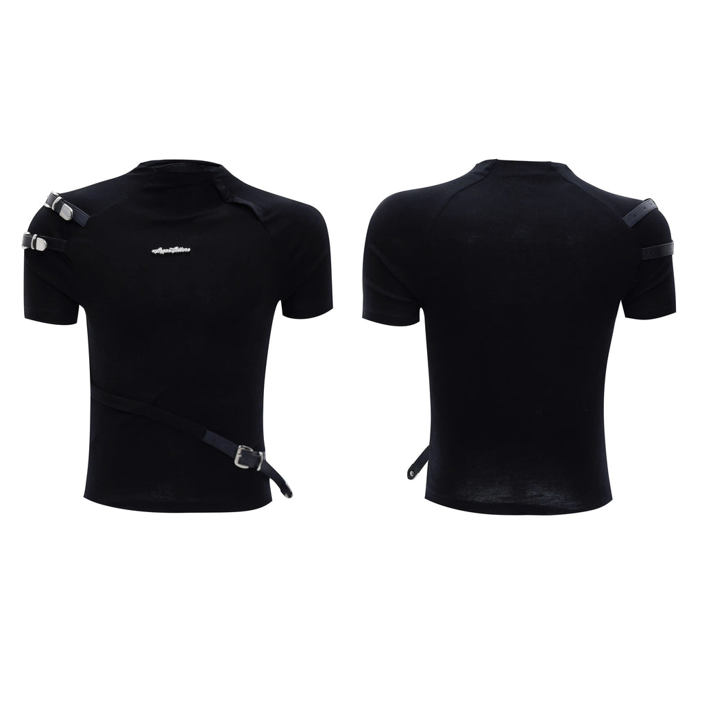 Men's slim fit cotton short sleeve T-shirt with stand-up collar and metal belt detail in black and white colour options