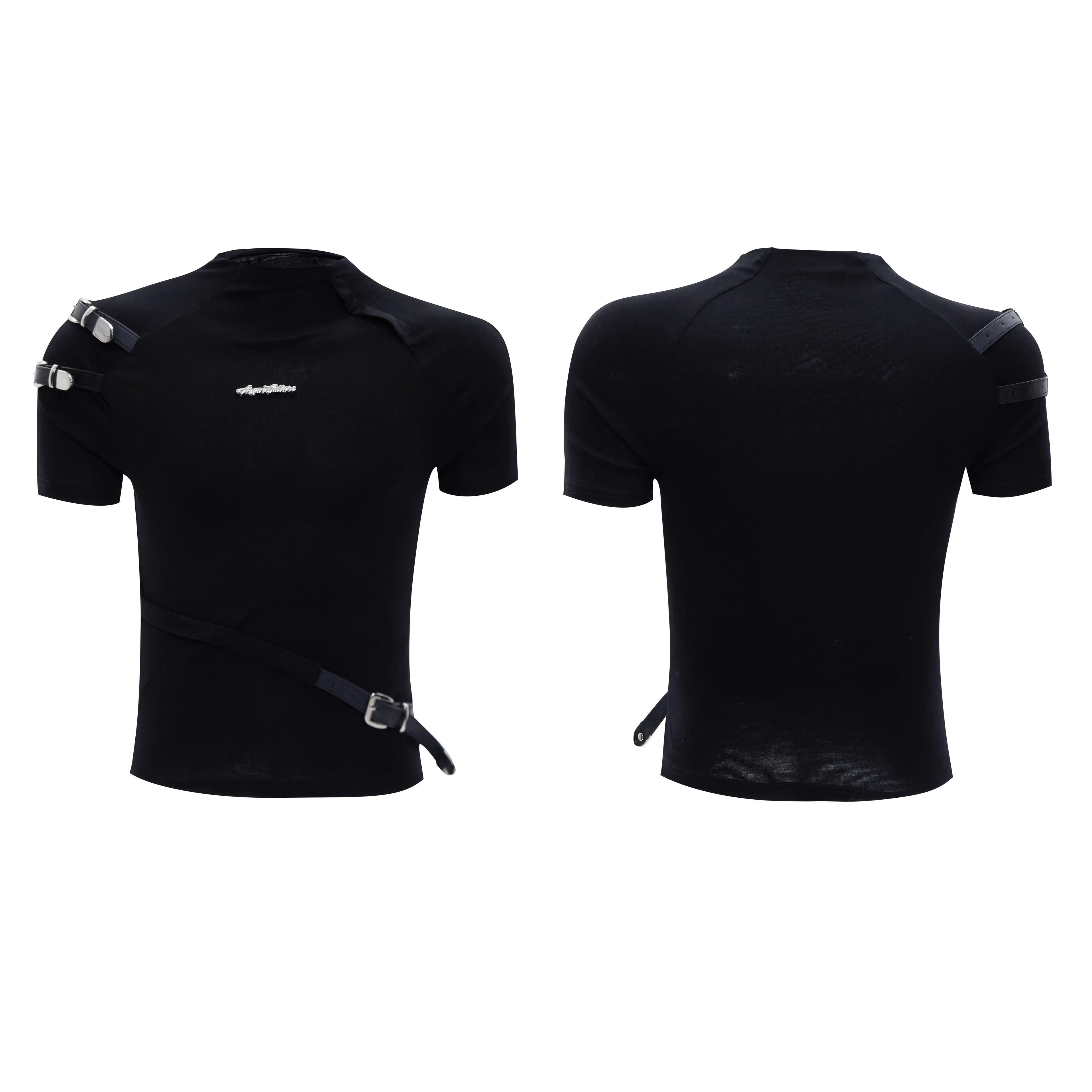 Men's slim fit cotton short sleeve T-shirt with stand-up collar and metal belt detail in black and white colour options