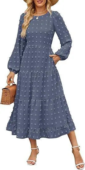 Women's autumn long sleeve dress with high waist and ruffled sleeves in solid colour