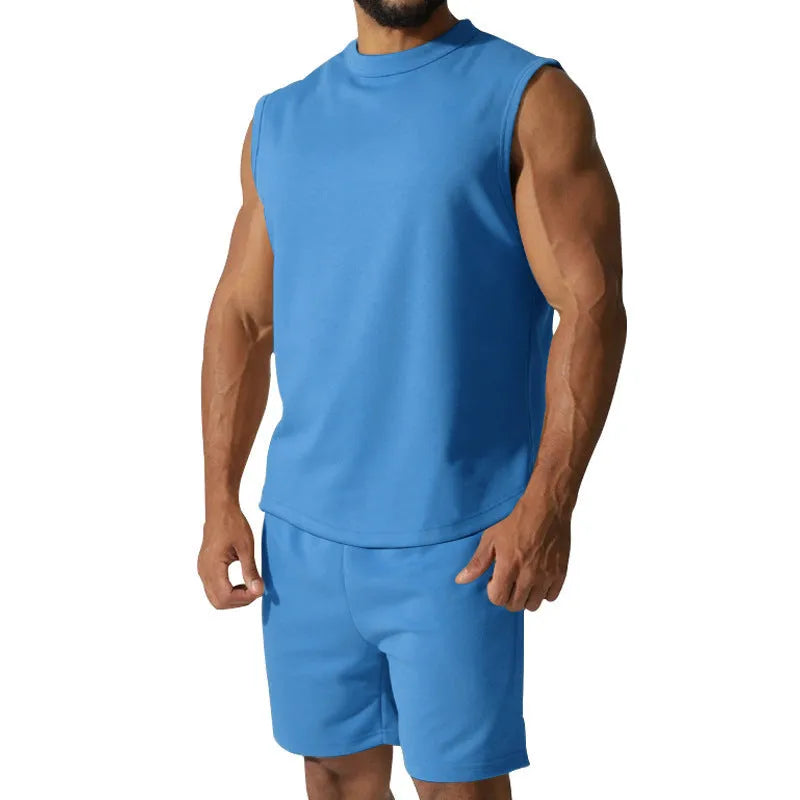 Men's sleeveless sports suit with cotton blend fabric in multiple solid colour options