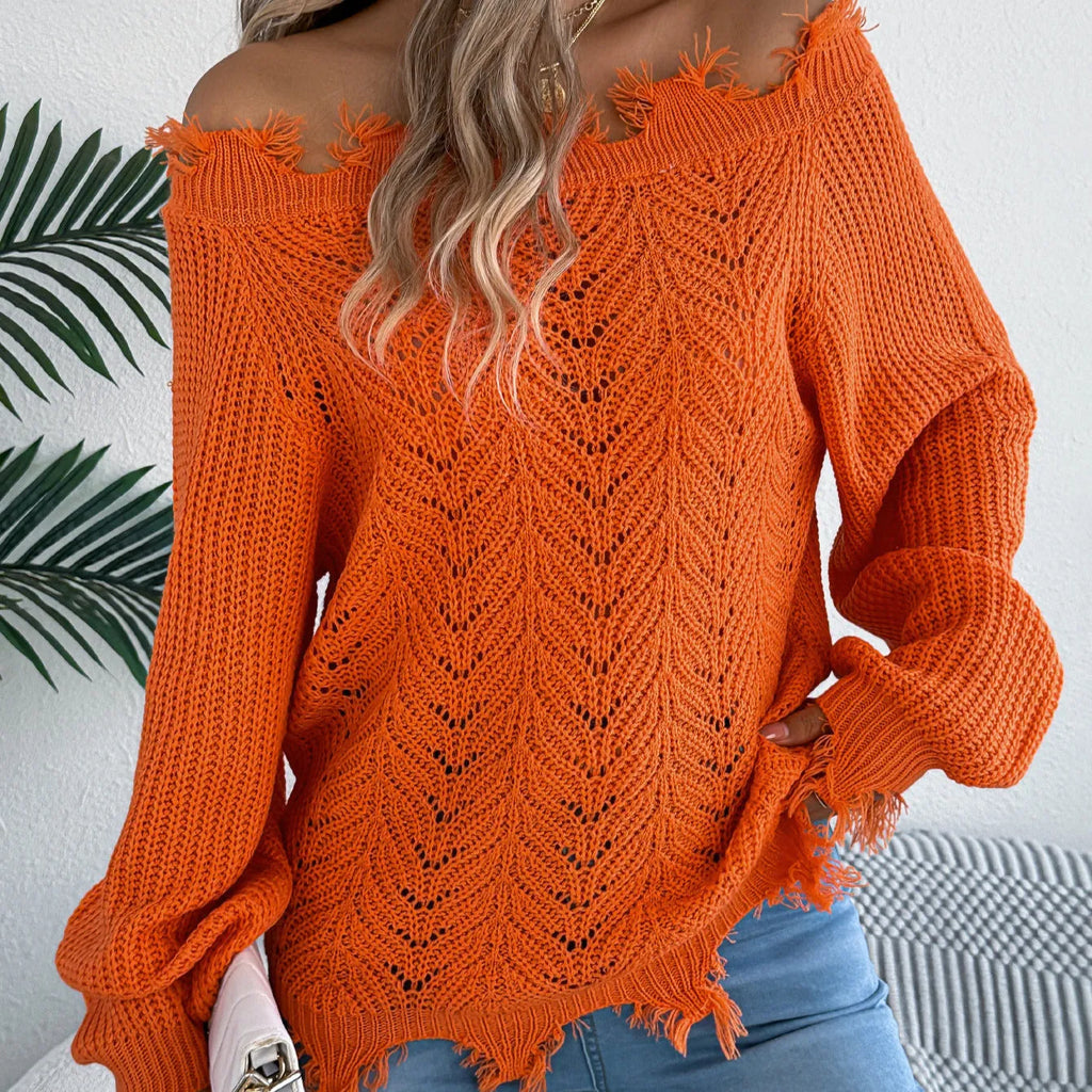 Women's white cut off-the-shoulder pullover sweater with hollow-out design and long sleeves
