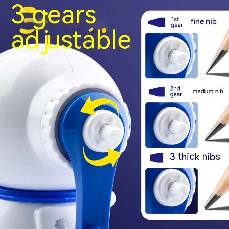 Children's cartoon astronaut themed manual pencil sharpener in blue or pink with adjustable sharpening levels